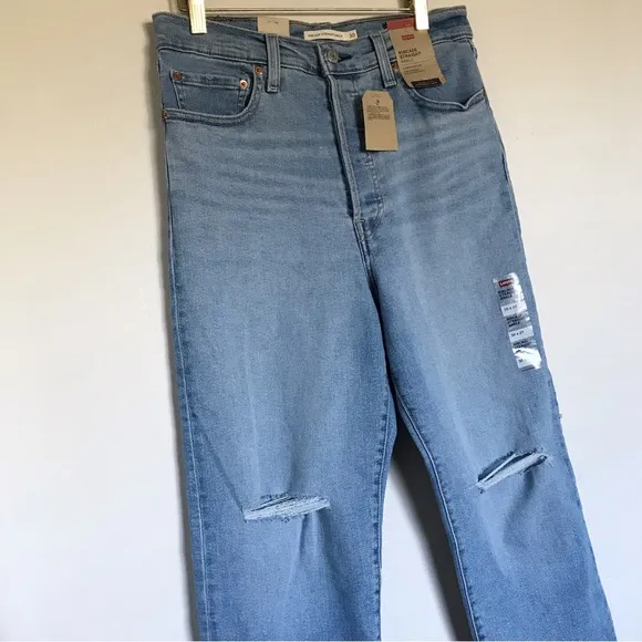 Levi’s Ribcage Distressed Knee Raw Hem Straight Ankle Jeans Size 30 x 27 NEW