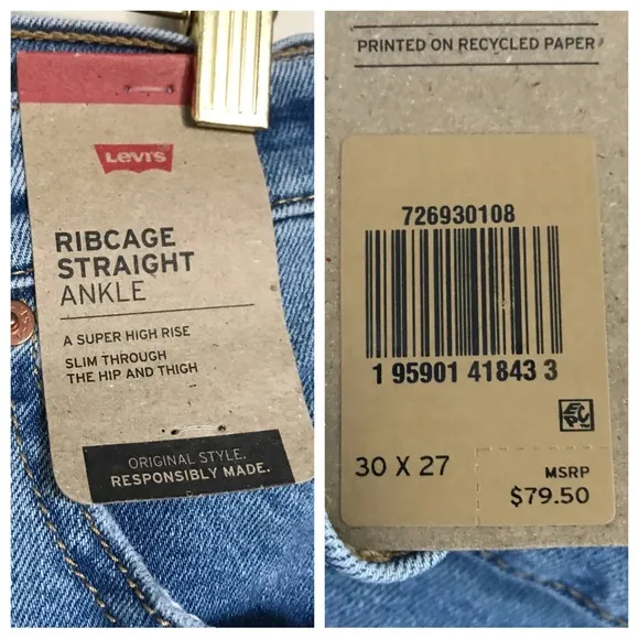 Levi’s Ribcage Distressed Knee Raw Hem Straight Ankle Jeans Size 30 x 27 NEW