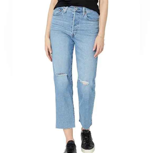 Levi’s Ribcage Distressed Knee Raw Hem Straight Ankle Jeans Size 30 x 27 NEW