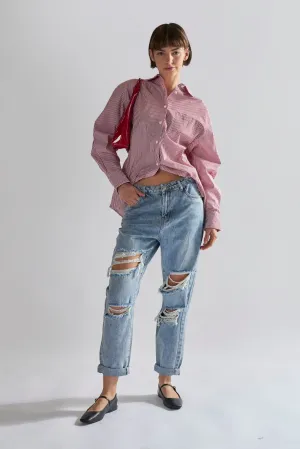 Light Vintage Wash Distressed Boyfriend Jeans.