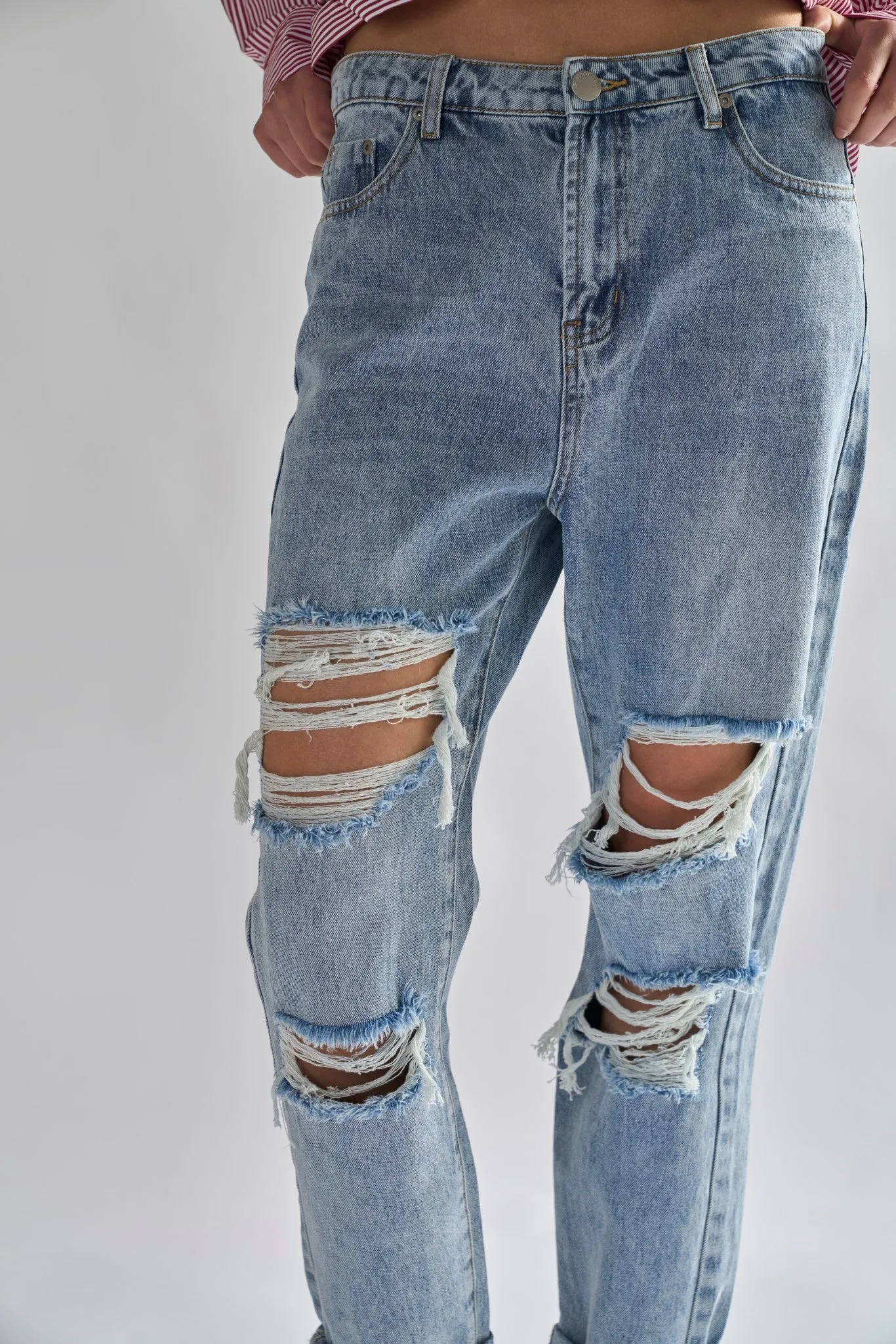 Light Vintage Wash Distressed Boyfriend Jeans.