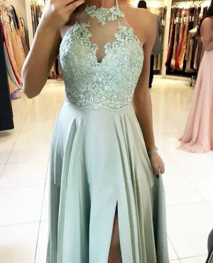 Long Halter Sage Green Prom Dresses Lace Chiffon Formal Dresses
