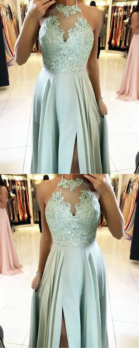 Long Halter Sage Green Prom Dresses Lace Chiffon Formal Dresses