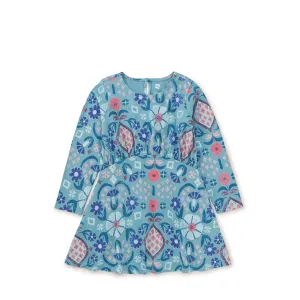 Long Sleeve Curved Waist Dress - Hariz Rug Floral in Seashore