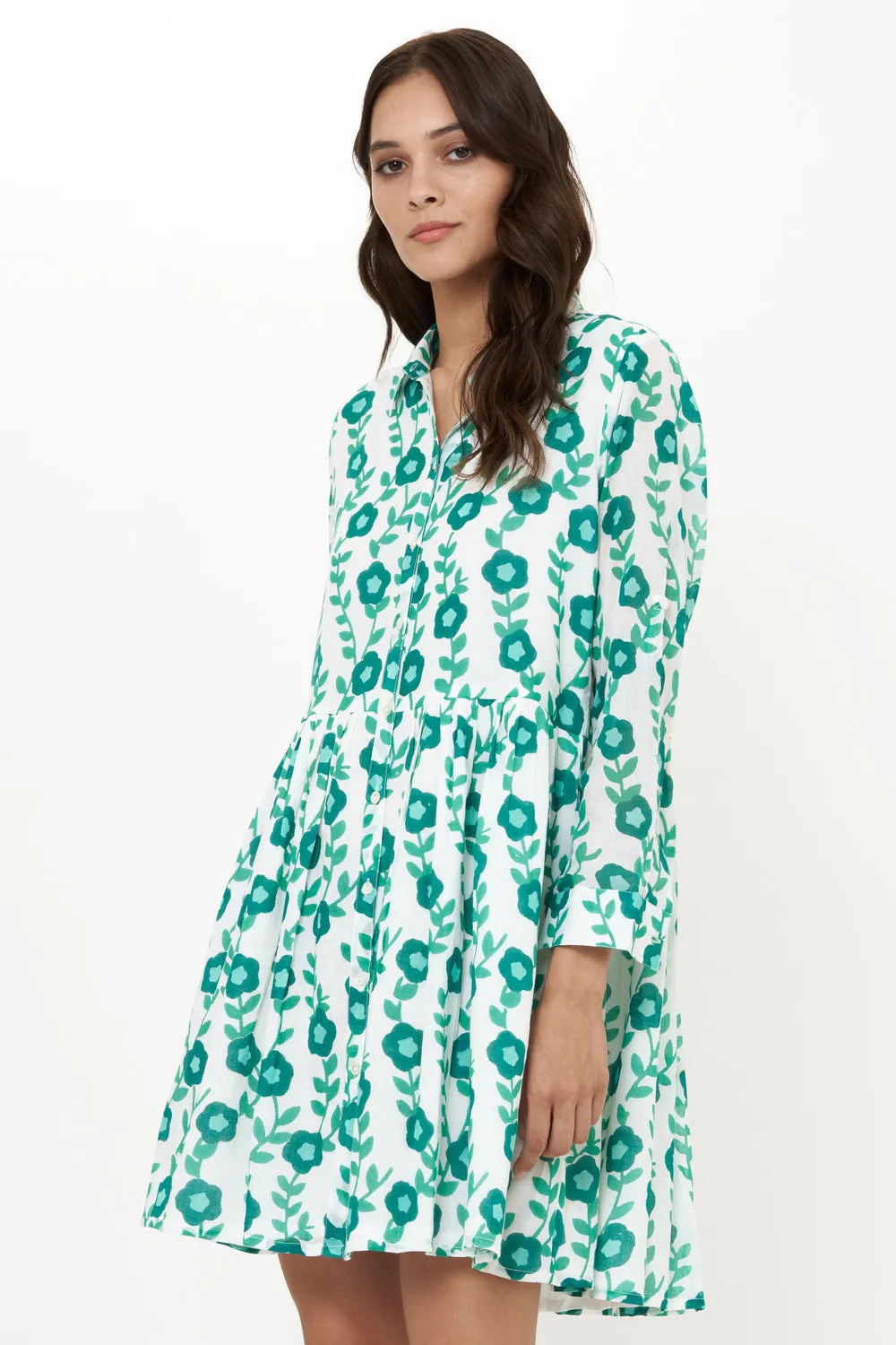 Long Sleeve Shirt Dress Mini in Toscana Green