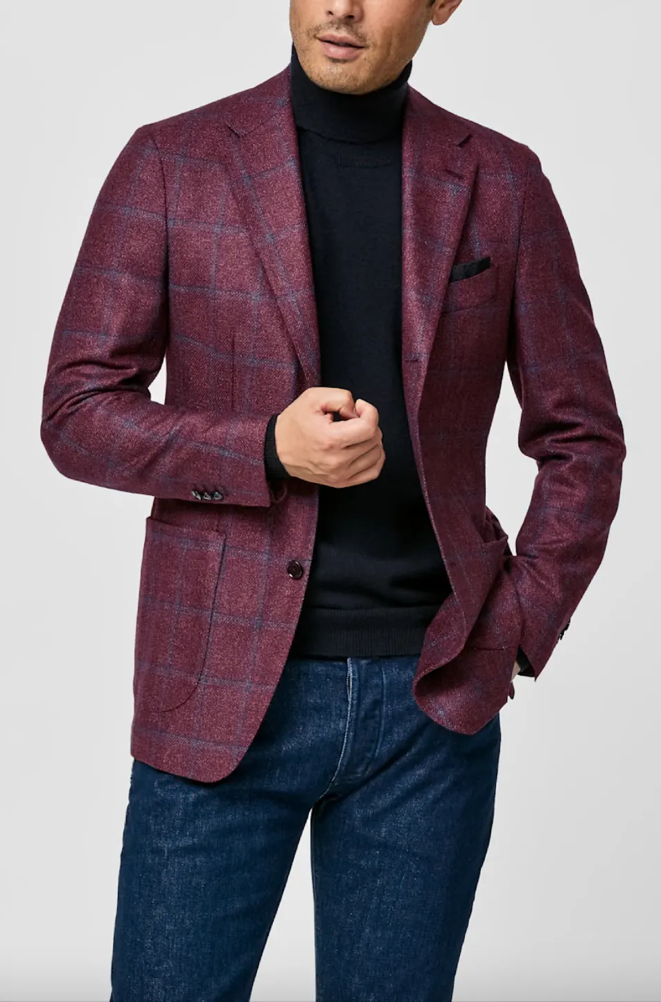 Loro Piana Capolavoro Tweed Berry Red Merino Wool & Silk with Blue Windowpane