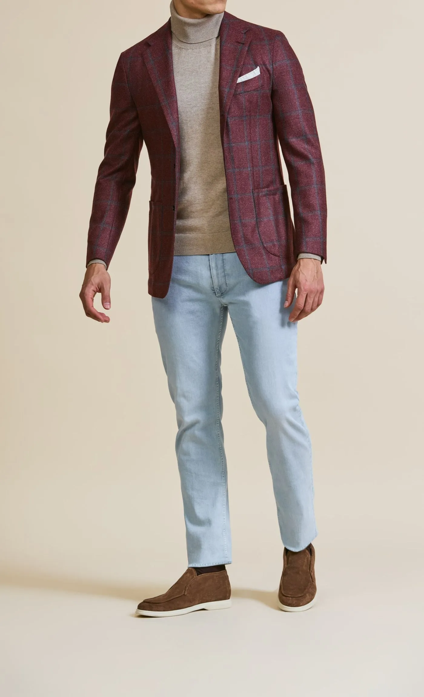 Loro Piana Capolavoro Tweed Berry Red Merino Wool & Silk with Blue Windowpane