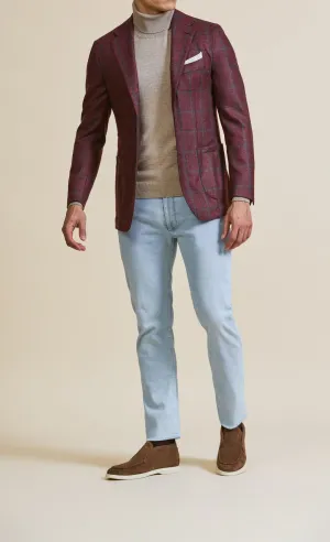 Loro Piana Capolavoro Tweed Berry Red Merino Wool & Silk with Blue Windowpane