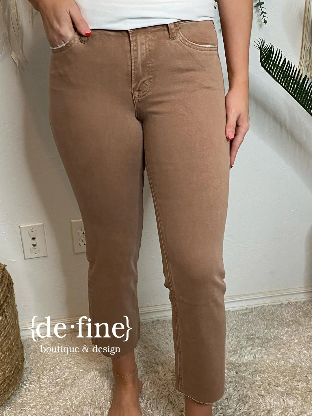 Lovervet Tan Mid Rise Stretch Straight Cropped Jeans