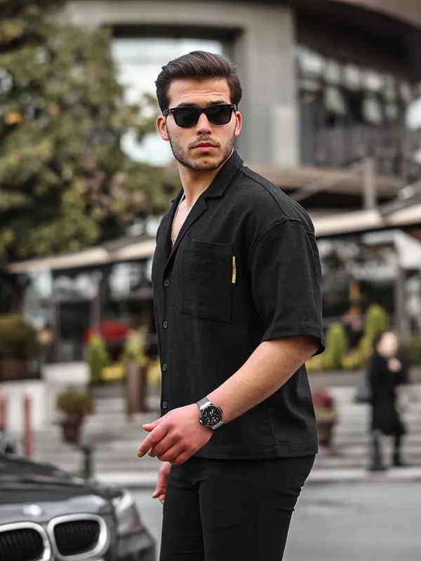 <tc>Chemise en lin premium à manches courtes avec col mao

</tc>