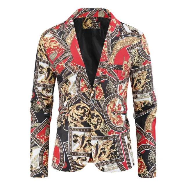 Men Blazer Slim Fit Long Sleeve Floral Print Mens Suit Jacket Blazers One Button Fashion Casual Trip Singer Stage Blazer for Men