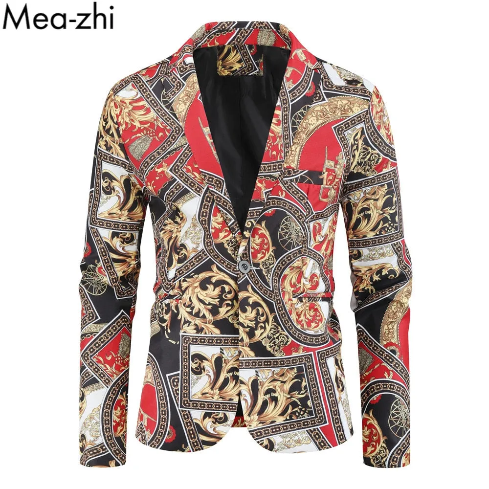 Men Blazer Slim Fit Long Sleeve Floral Print Mens Suit Jacket Blazers One Button Fashion Casual Trip Singer Stage Blazer for Men