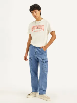 Men's Blue Straight Fit Mid Rise Cargo Jeans