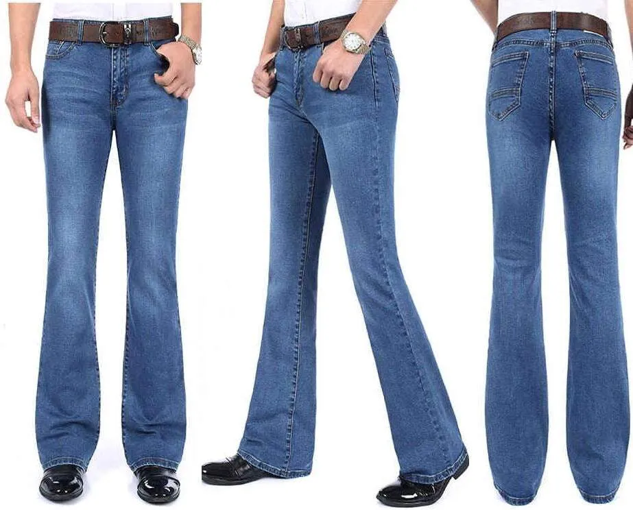 Men's Mid-Rise Jeans Elastic Flare Jeans Fashion Men Flare Jeans