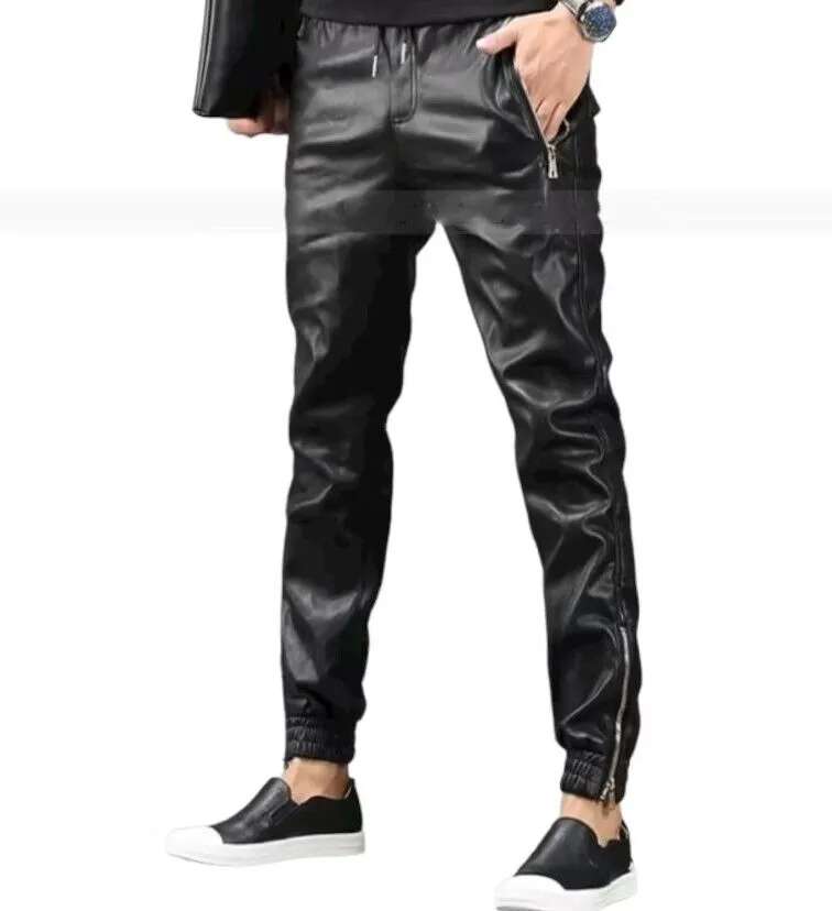 Men's New Leather Black Lambskin Sweat Pants. Real Soft Leather Joggers trousers