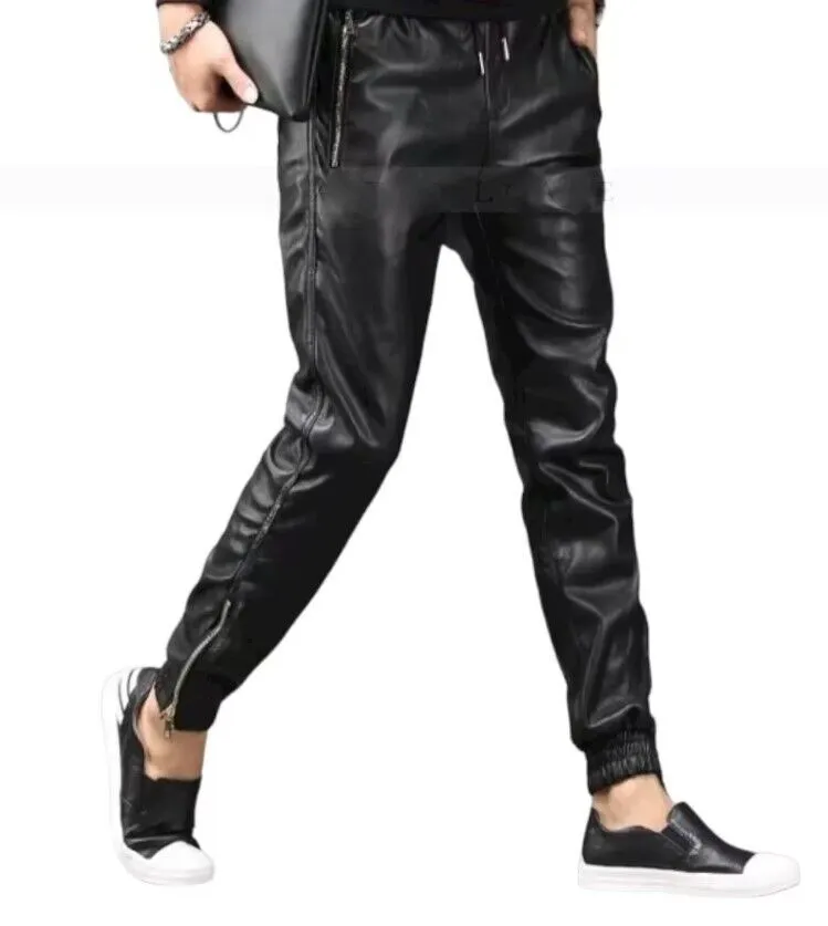 Men's New Leather Black Lambskin Sweat Pants. Real Soft Leather Joggers trousers