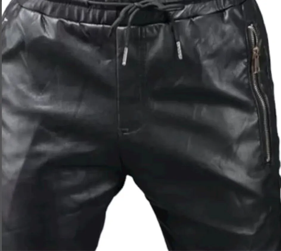 Men's New Leather Black Lambskin Sweat Pants. Real Soft Leather Joggers trousers