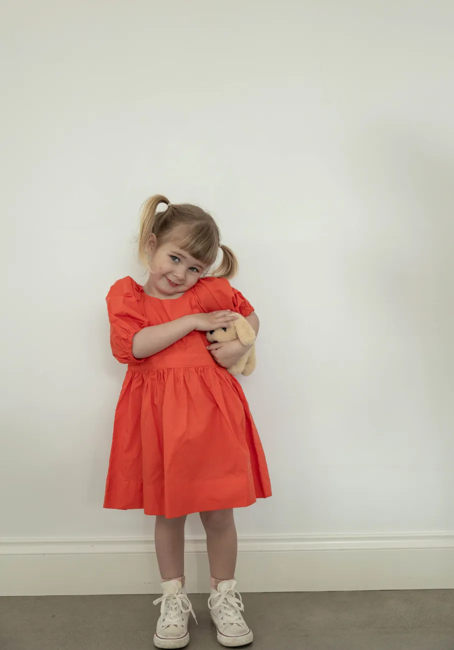 Miann & Co Kids - Keyhole Puff Sleeve Dress - Tomato