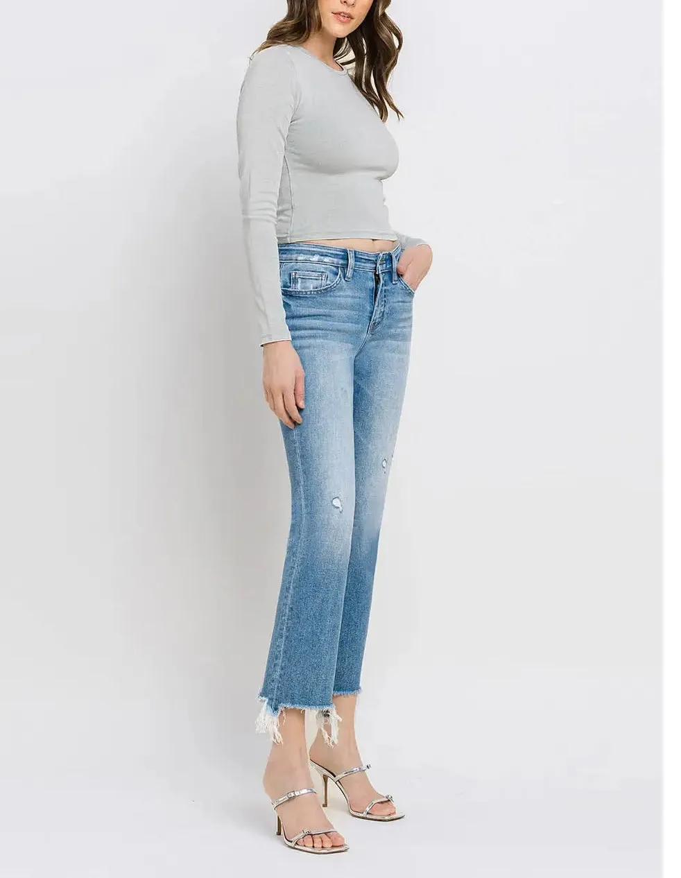 Mid Rise Frayed Hem Ankle Bootcut Jeans