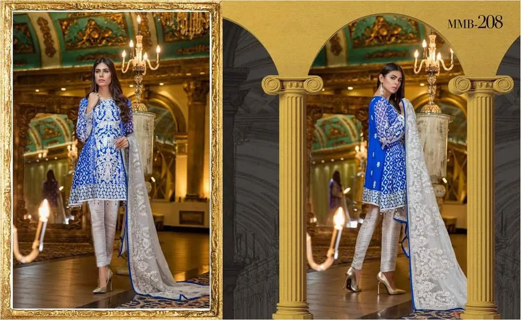Modest Blue and Gray Color Pakistani Eid Dress in Chiffon - C1665