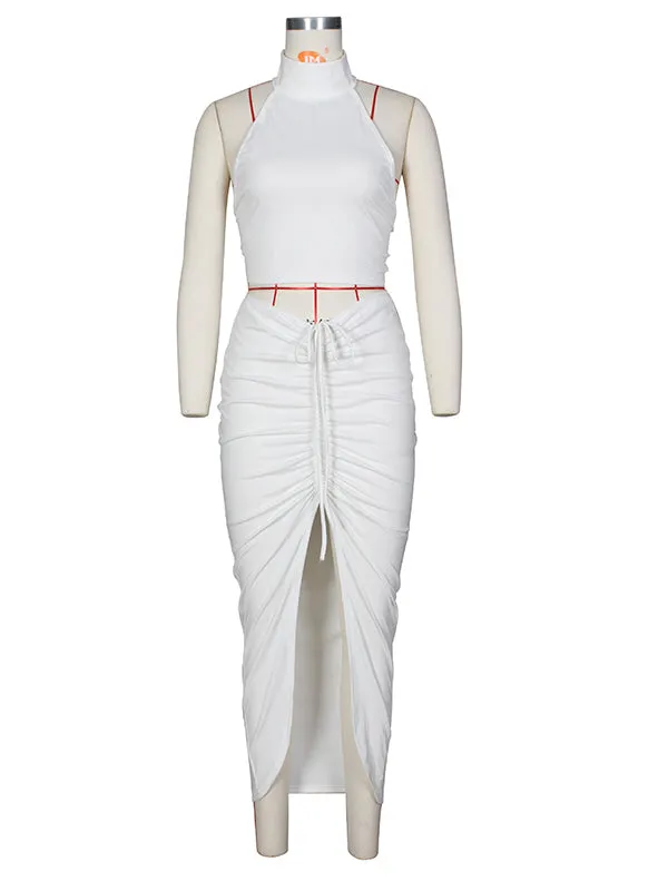 Momnfancy White Two Pieces Halter Neck Backless Ruched Slit Front Drawstring Chic Bodycon Baby Shower Maternity Midi Dress