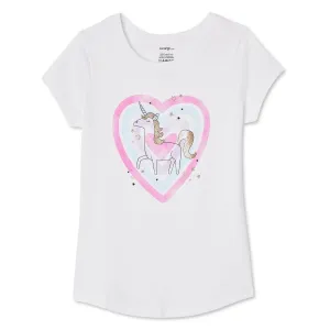 New George Girls' Short Sleeve Screen Tee in White, Unicorn, Sz XS 4-5