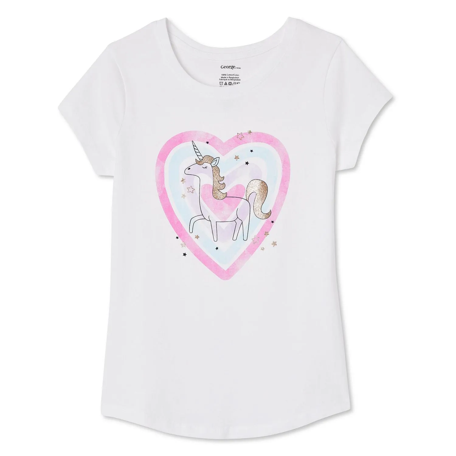 New George Girls' Short Sleeve Screen Tee in White, Unicorn, Sz XS 4-5