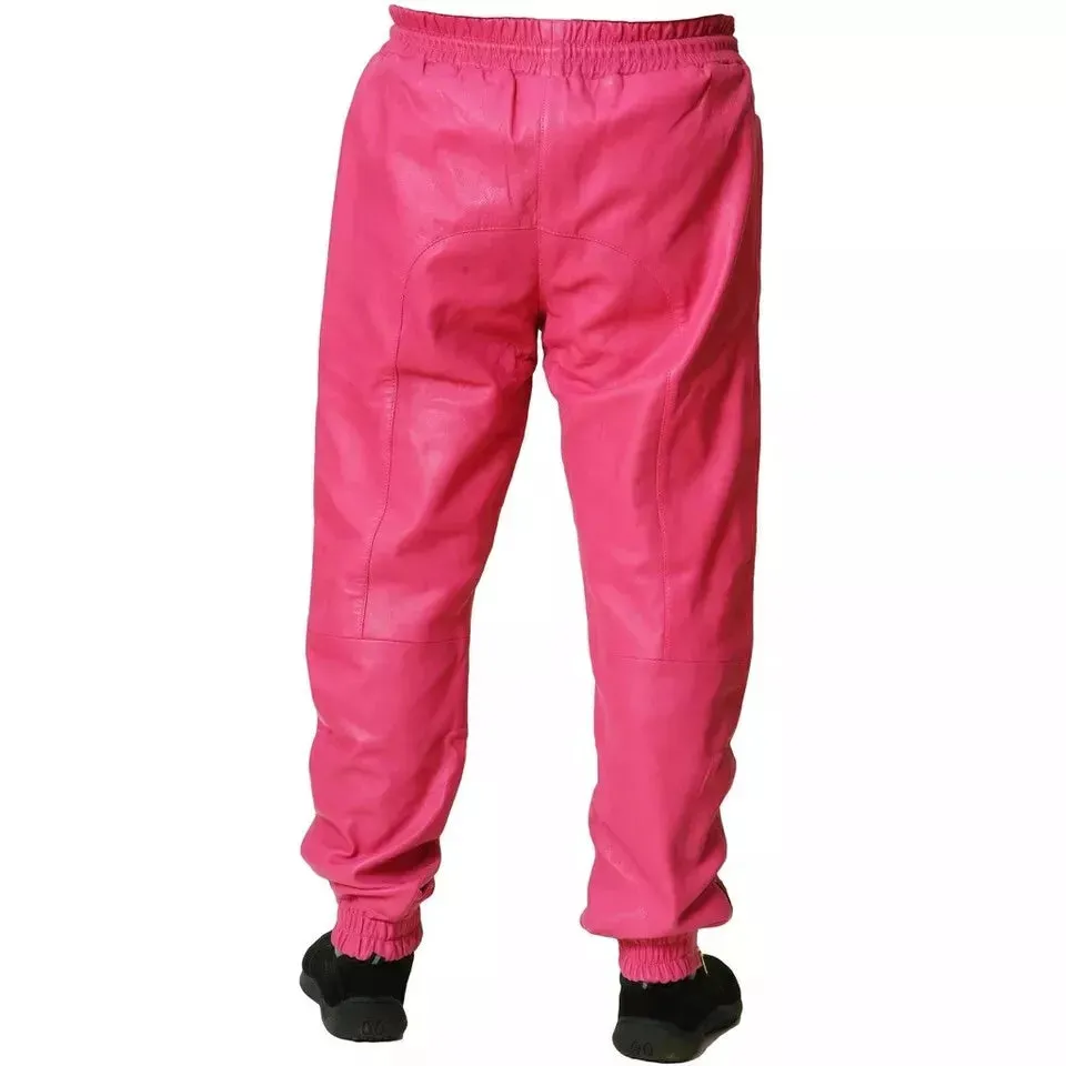 New Men's Leather Pink Lambskin Sweat Pants. Real Soft Leather Joggers trousers.