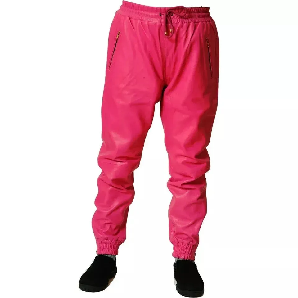 New Men's Leather Pink Lambskin Sweat Pants. Real Soft Leather Joggers trousers.