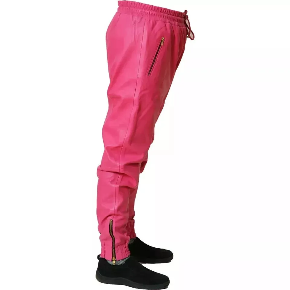 New Men's Leather Pink Lambskin Sweat Pants. Real Soft Leather Joggers trousers.