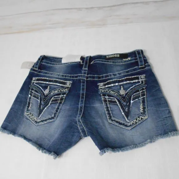 NEW! VIGOSS Legacy Stretch Sz 8 x 3.5 Womens Blue Denim Jeans Shorts FLAP POCKET