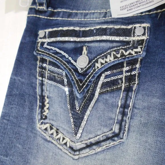 NEW! VIGOSS Legacy Stretch Sz 8 x 3.5 Womens Blue Denim Jeans Shorts FLAP POCKET