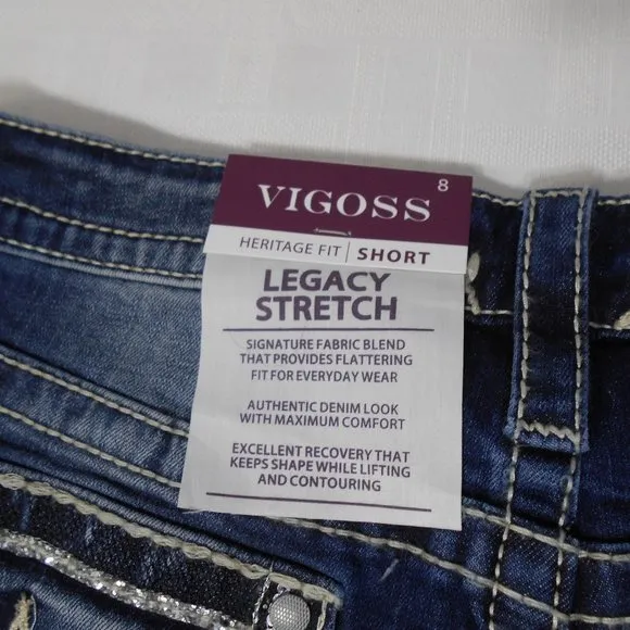 NEW! VIGOSS Legacy Stretch Sz 8 x 3.5 Womens Blue Denim Jeans Shorts FLAP POCKET