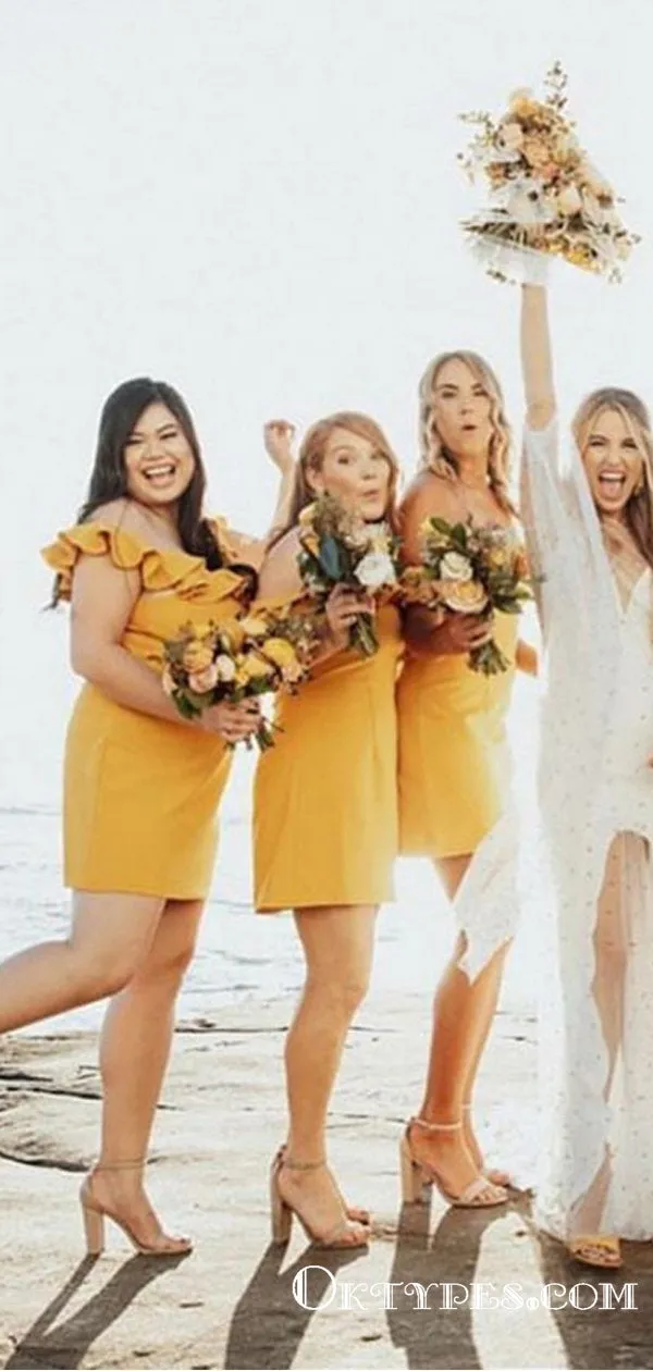 Newest Charming Simple Off-The-Shoulder Short Cheap Yellow Bridesmaid Dresses With Ruffles, TYP2043