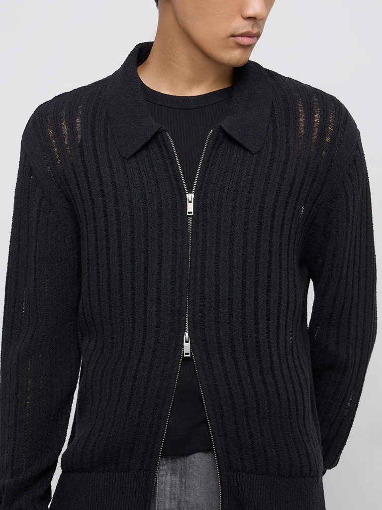 Nuon Black Self-Striped Slim-Fit Cotton-Blend Jacket