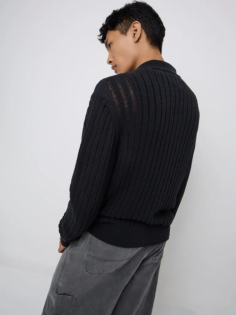 Nuon Black Self-Striped Slim-Fit Cotton-Blend Jacket