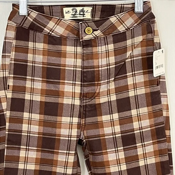 NWT Free People We The Free Just Float On Plaid Printed Flare Jeans 24 Boho 70’s