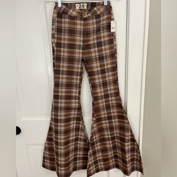 NWT Free People We The Free Just Float On Plaid Printed Flare Jeans 24 Boho 70’s