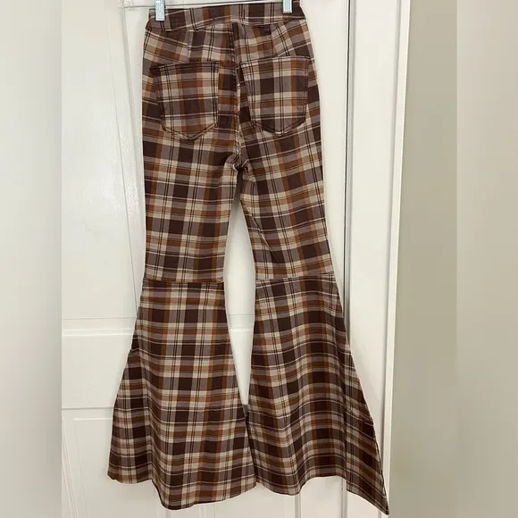 NWT Free People We The Free Just Float On Plaid Printed Flare Jeans 24 Boho 70’s