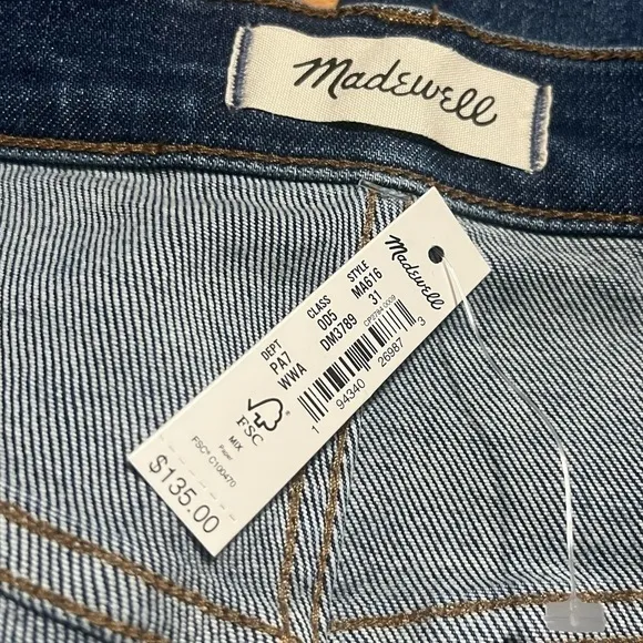 NWT Madewell Women's 10'' High Rise Skinny Jeans, Wendover, Blue, 31