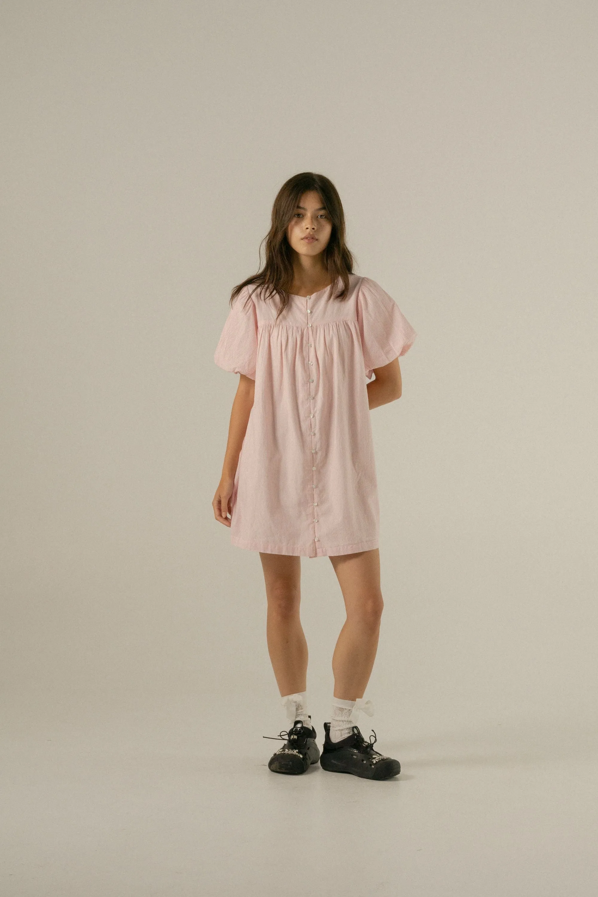 Oak Meadow - Andi Puff Mini Dress in Rosewater Stripe