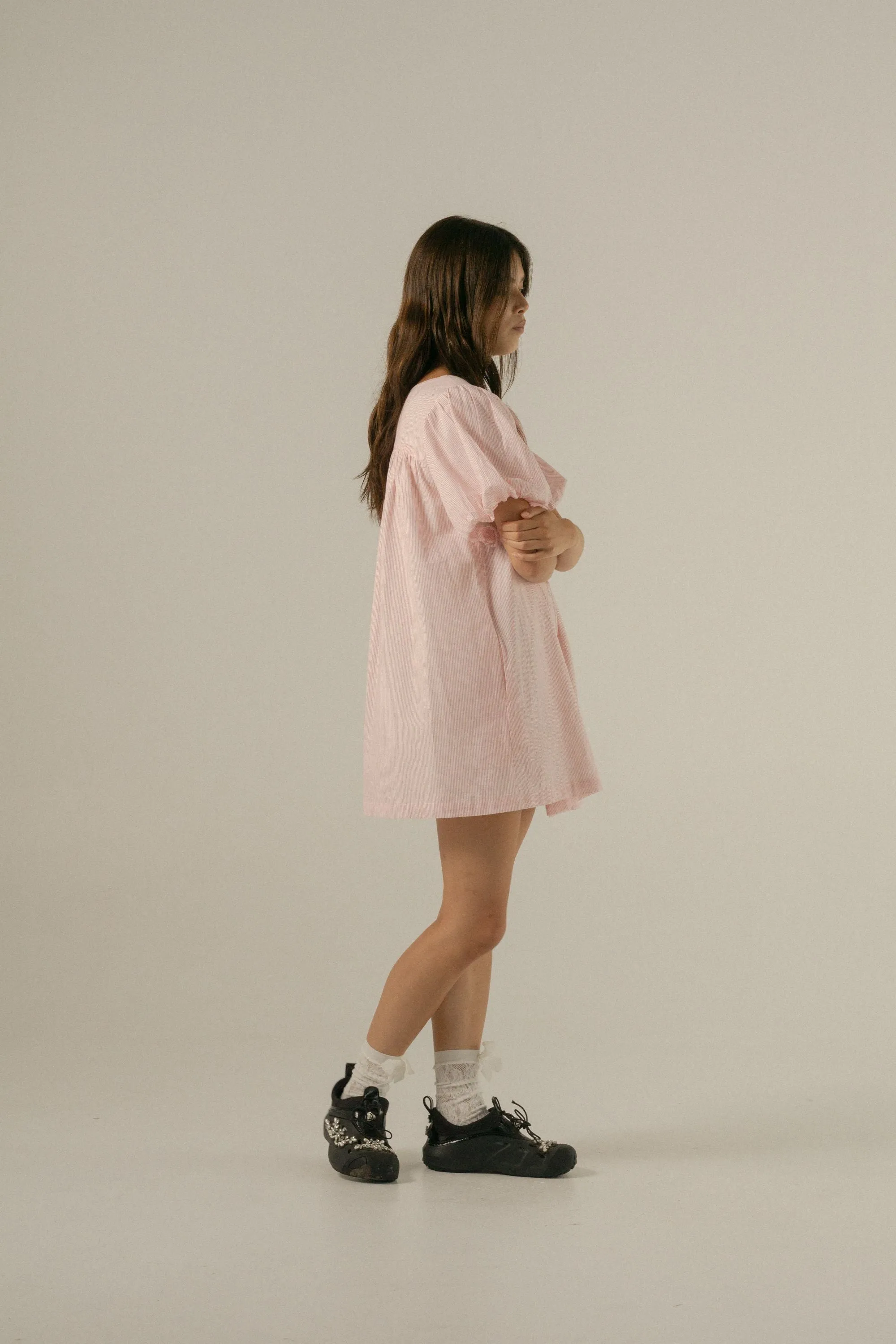 Oak Meadow - Andi Puff Mini Dress in Rosewater Stripe