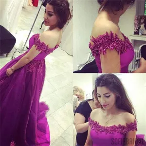 Off Shoulder Lace Long A-line Floor Length Tulle Prom Dresses, PD0254