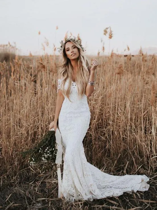 Off Shoulder Lace Mermaid Country Wedding Dresses, WD0278