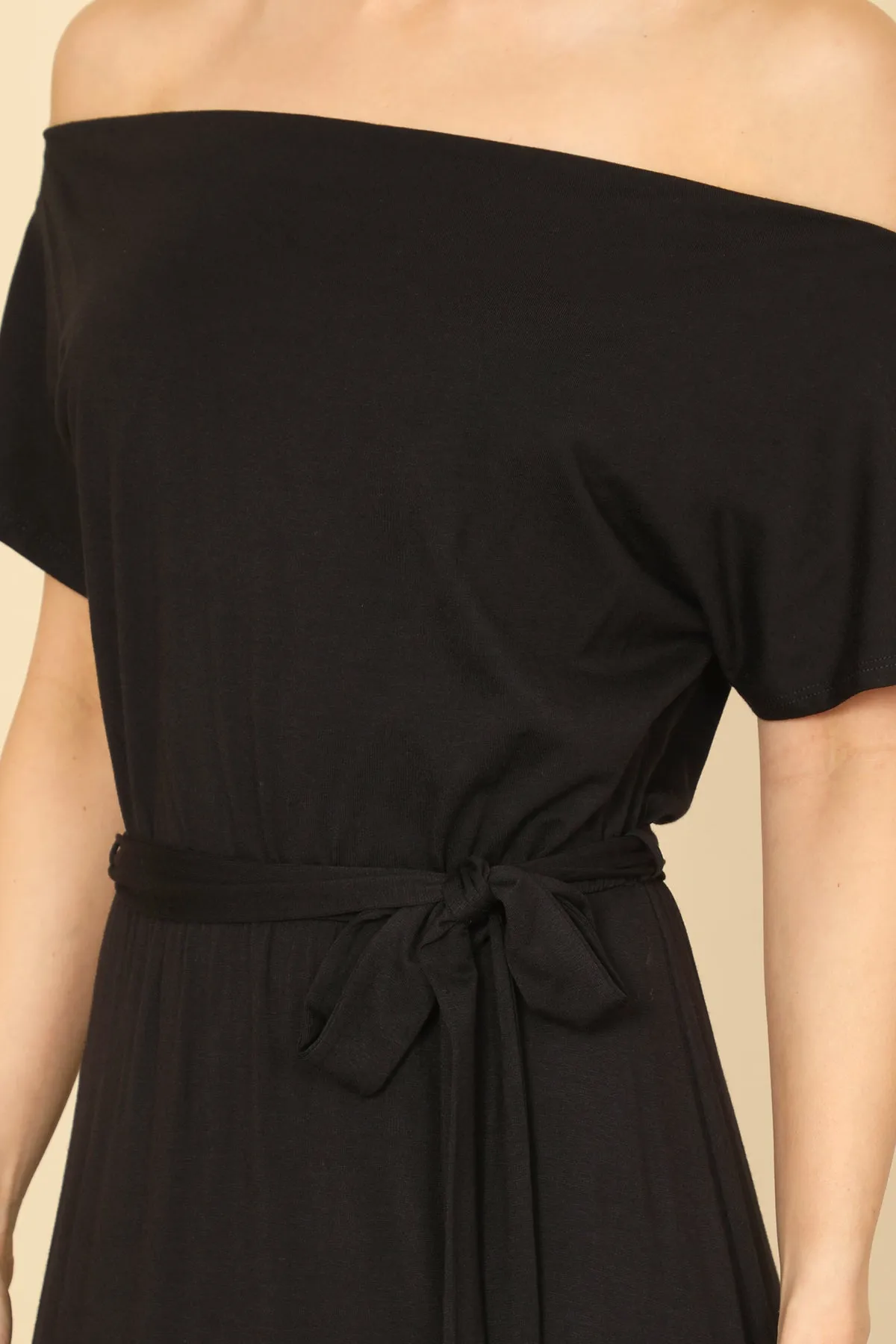 OFF SHOULDER SHORT SLEEVE WAIST TIE SOLID MIDI DRESS