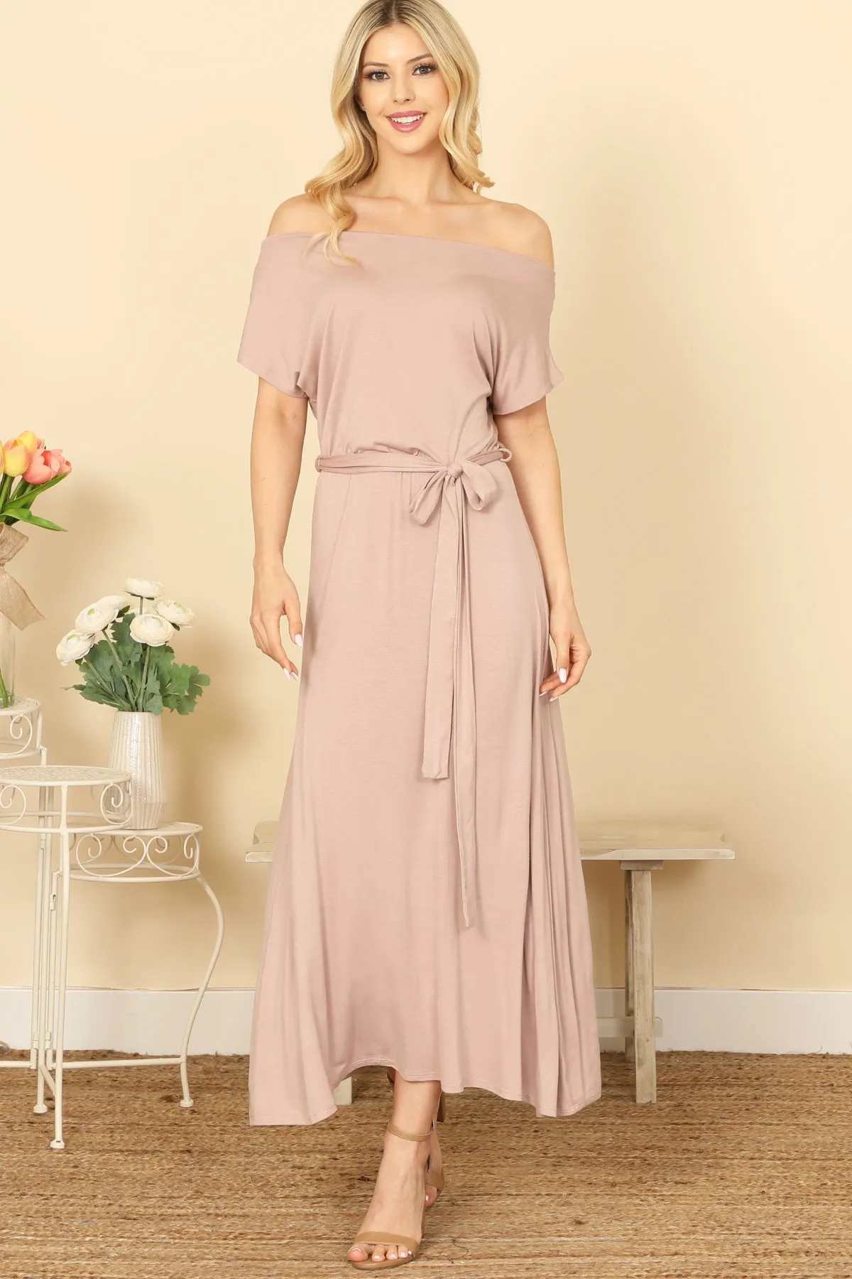 OFF SHOULDER SHORT SLEEVE WAIST TIE SOLID MIDI DRESS