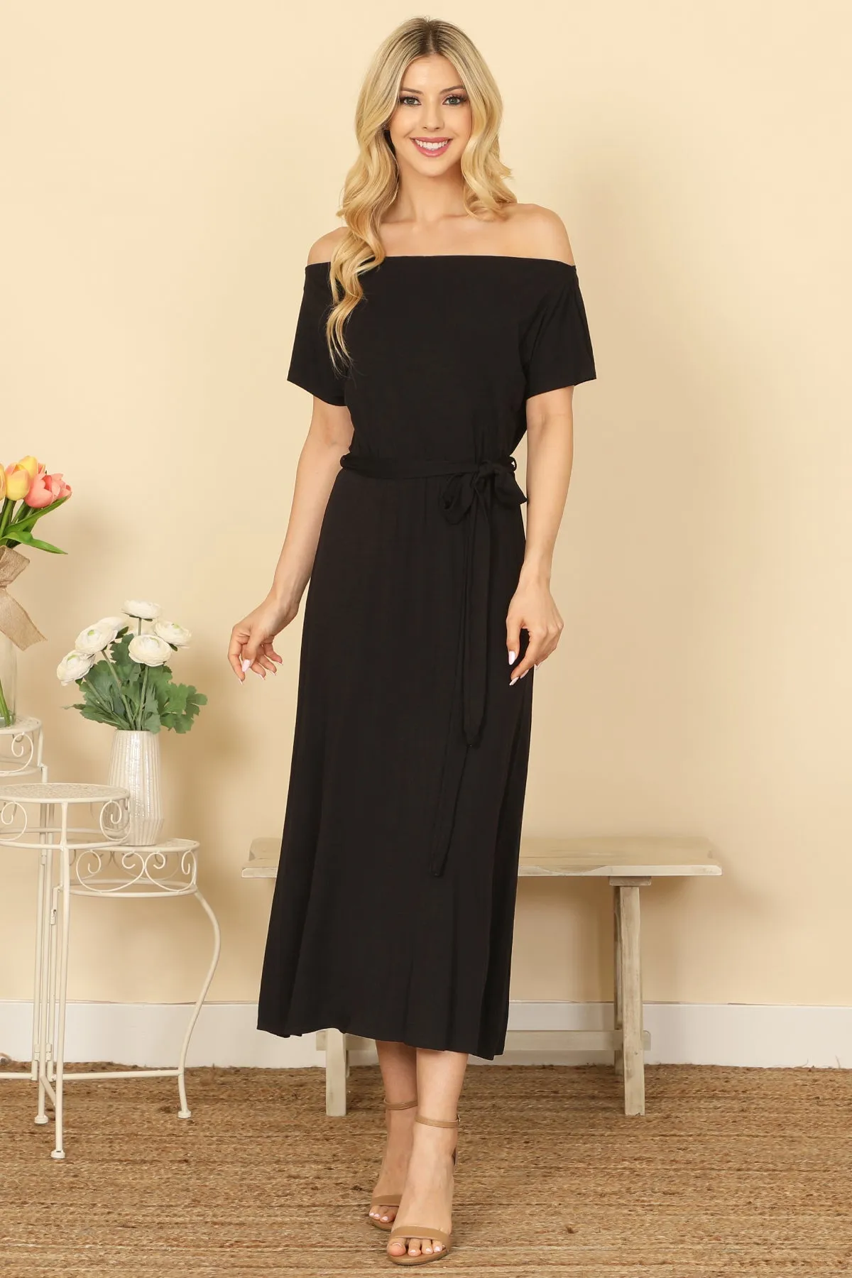 OFF SHOULDER SHORT SLEEVE WAIST TIE SOLID MIDI DRESS