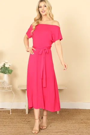 OFF SHOULDER SHORT SLEEVE WAIST TIE SOLID MIDI DRESS