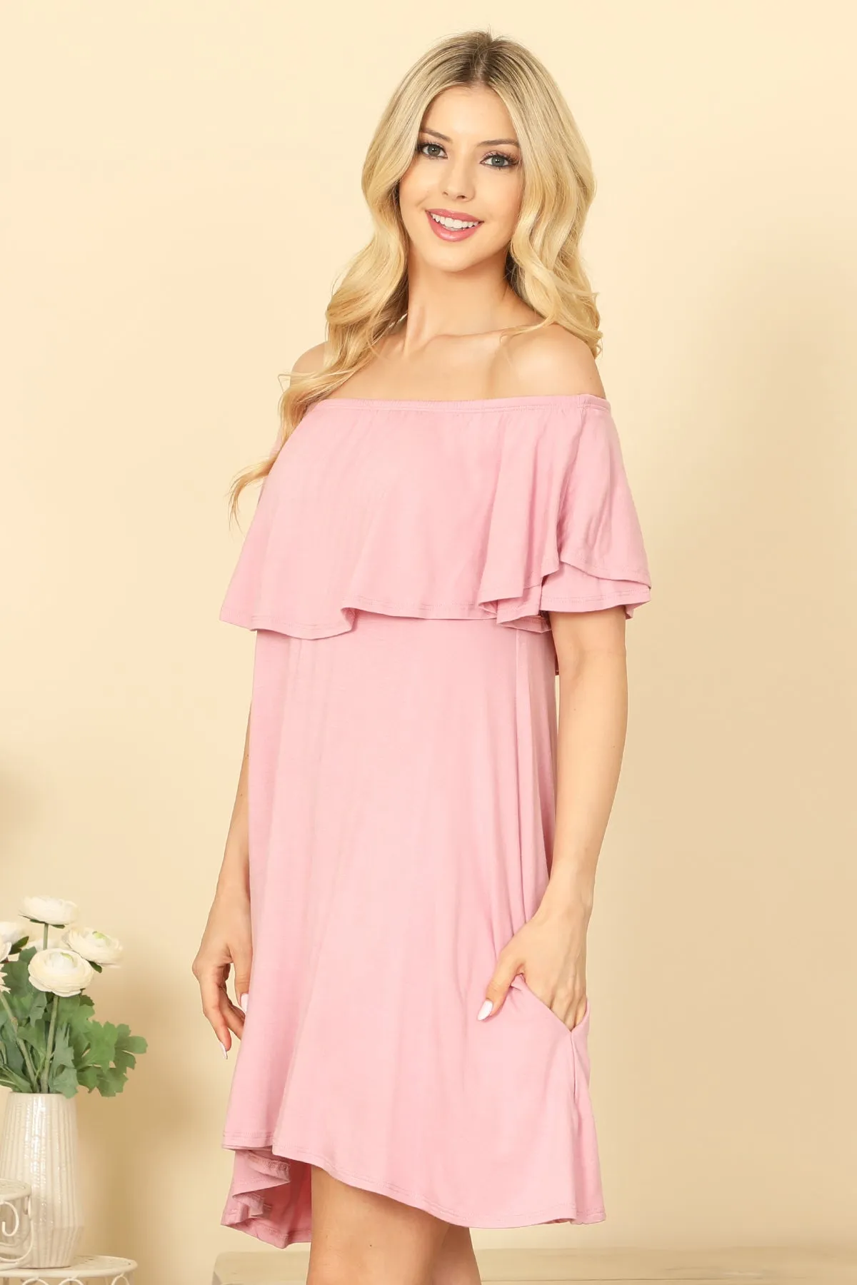 OFF SHOULDER SOLID MINI DRESS