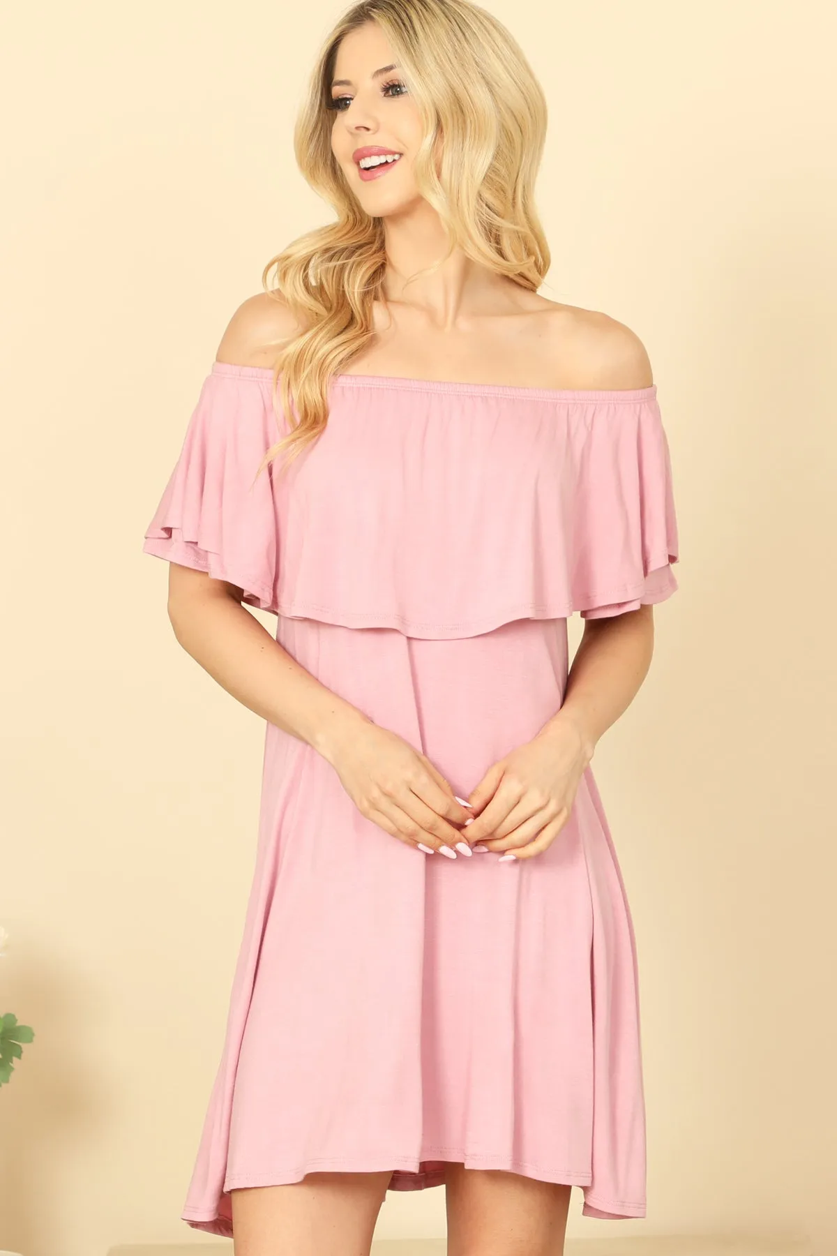 OFF SHOULDER SOLID MINI DRESS